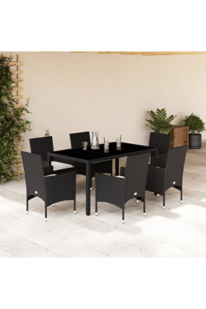 vidaxl Set mobilier de gradina cu perne 7 piese negru poliratan&sticla