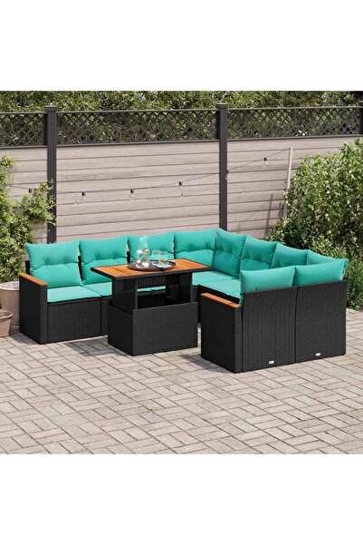 vidaxl Set mobilier de gradina cu perne, 9 piese, negru, poliratan