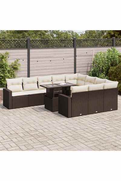 vidaxl Set canapele de gradina cu perne, 11 piese, maro, poliratan