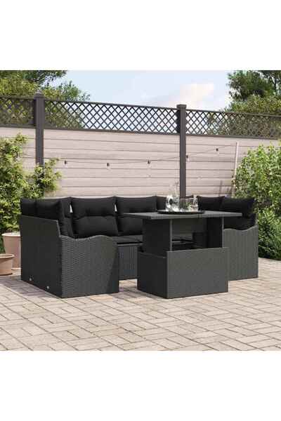 vidaxl Set de canapele pentru gradina cu perna 7 pcs Negru Rattan poli