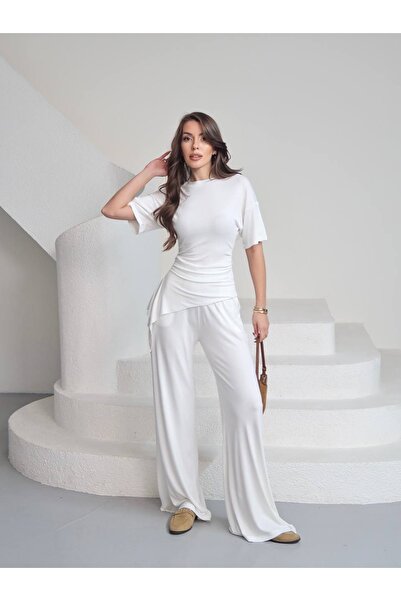 YAREN CO. Women's Buzzy Ribbed Side Ruched Blouse and Pants Set