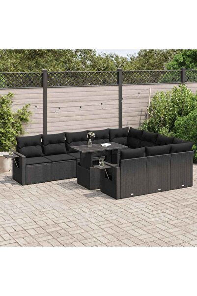 vidaxl Set canapele de gradina cu perne, 11 piese, negru, poliratan