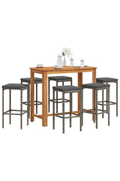 vidaxl Set bar de gradina, 7 piese, gri, lemn masiv acacia/ poliratan