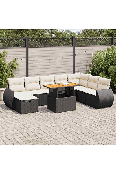 vidaxl Set mobilier gradina perne 9 piese negru poliratan/lemn acacia