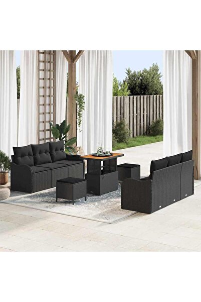 vidaxl Set de canapele pentru gradina cu perna 9 pcs Negru poliratan