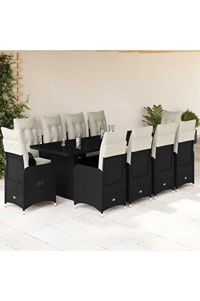 vidaxl Set bistro de gradina, 11 piese, cu perne, negru, poliratan