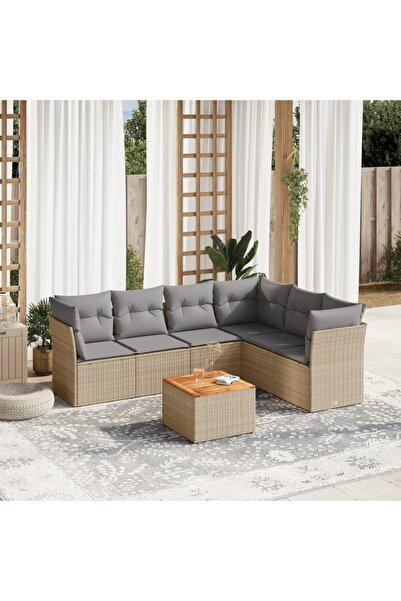 vidaxl Set canapele de gradina, 7 piese, cu perne, bej, poliratan