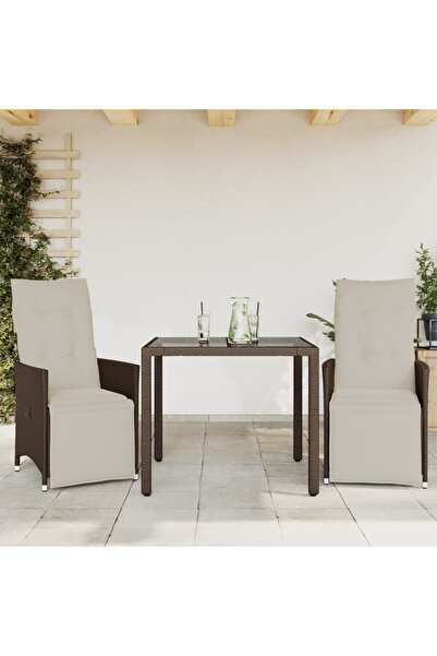 vidaxl Set bistro de gradina, 3 piese, cu perne, maro, poliratan