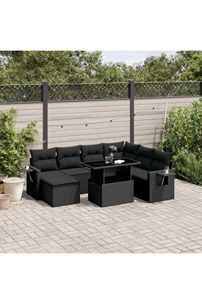 vidaxl Set mobilier de gradina cu perne, 9 piese, negru, poliratan