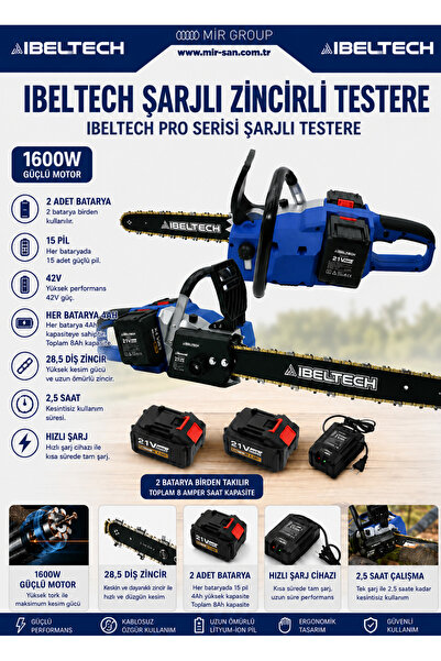 İBELTECH 42V Çift Akülü Şarjlı Zincirli Testere 1600W 8Ah Çift Akülü Profesyo...