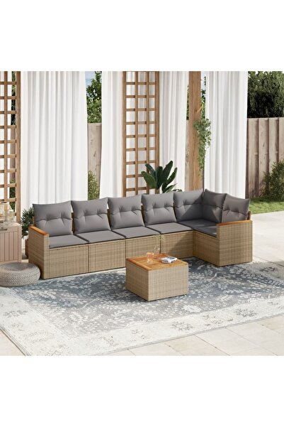 vidaxl Set canapele de gradina, 7 piese, cu perne, bej, poliratan