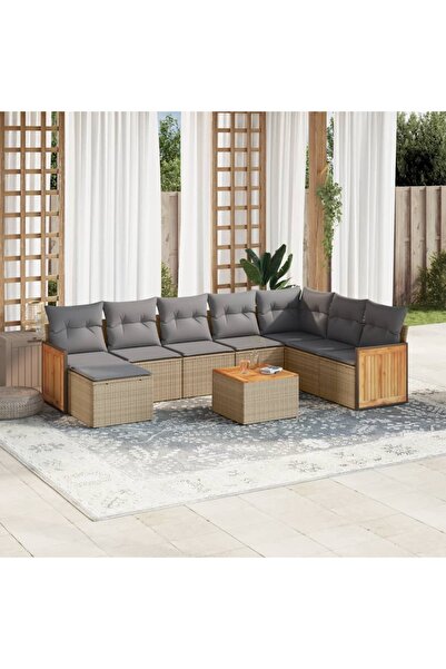 vidaxl Set canapele de gradina, 9 piese, cu perne, bej, poliratan