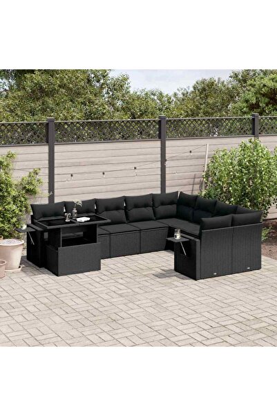 vidaxl Set canapele de gradina cu perne, 10 piese, negru, poliratan
