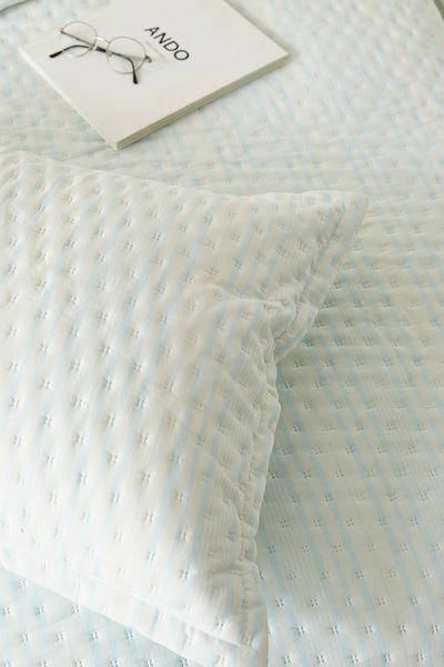 Ocean Home Textile Pamuklu Kapitoneli Mavi/Turkuaz Çizgi Desen Çift Kişilik Yatak Örtüsü Seti 250x230+2* 50x70