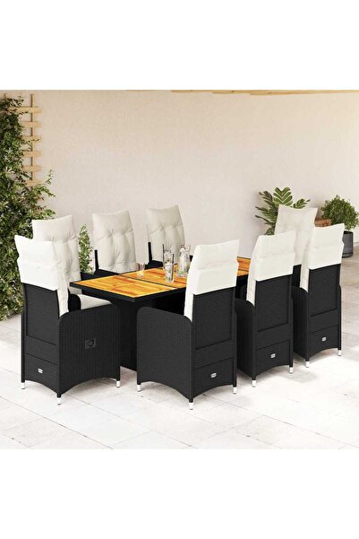 vidaxl Set bistro de gradina, 9 piese, cu perne, negru, poliratan