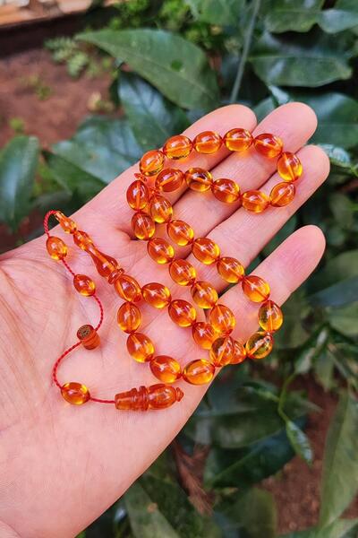Vip Kehribar 8X11 mm Mesut Elma Usta Signed Gold Color Zar Amber Prayer Beads
