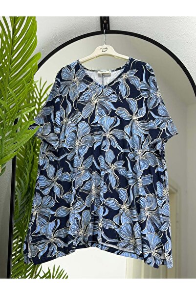 ÖZNE BUTİK Women's 100% cotton v-neck short sleeve patterned jersey tunic