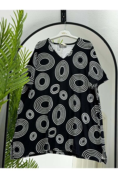 ÖZNE BUTİK Women's 100% cotton v-neck short sleeve patterned jersey tunic