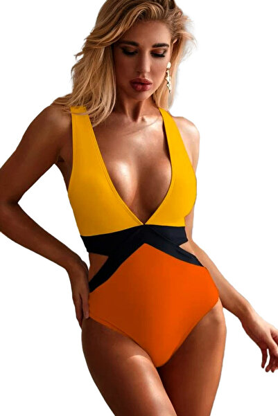 VeeShop Costum de baie intreg, color block, decolteu adanc si laterale decupate