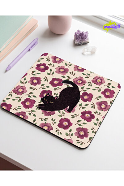 matizya Mor Çiçekli Siyah Kedi Desenli Kare Mouse Pad Kaymaz Tabanlı Aestheti...