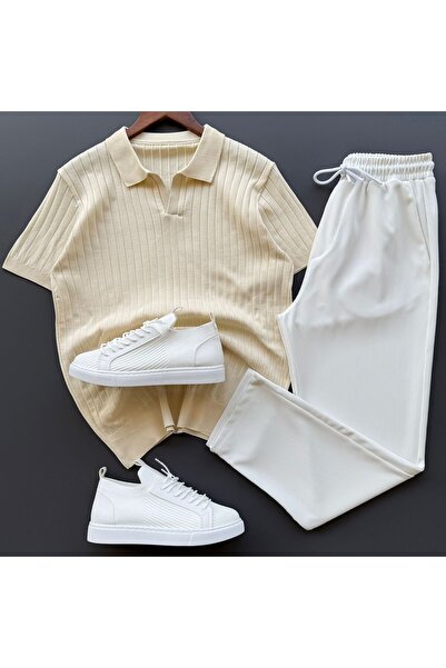 Beylerce Nurse Collar Ribbed Knitwear T-Shirt + Ribbed Trousers 2-Piece Combi...