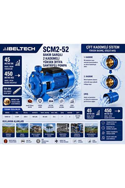 İBELTECH SCM2-52 1.5 HP Çift Kademeli Santrifüj Su Pompası 45 Metre Basma 5 K...