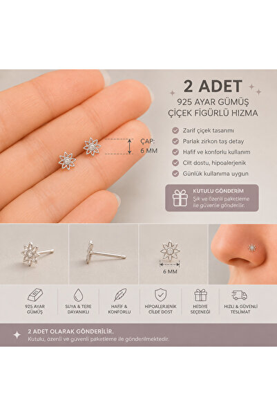 Set 925 Ayar Gümüş 2 ADET '' ÇİÇEK '' Burun Piercing Hızma (Çap 6 mm - Bar Uz...