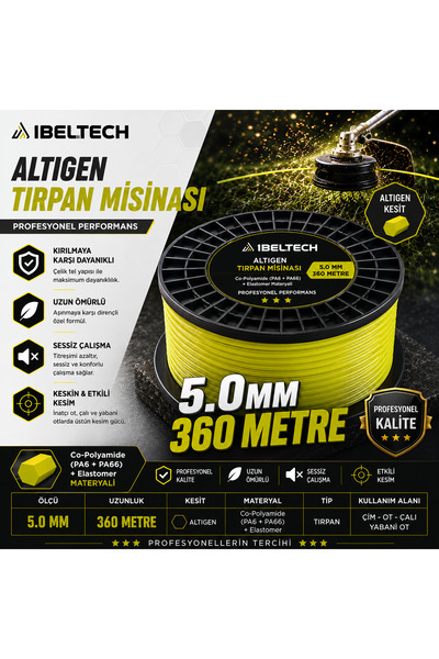 İBELTECH 5.0 mm Rulo Altıgen Tırpan Top Misinası 360 Metre Profesyonel Misina