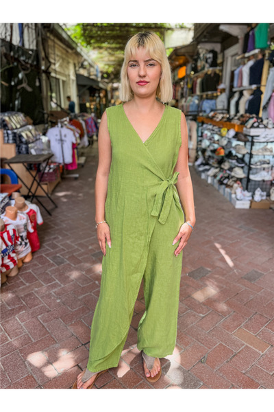 Miss Boheme Yeşil Renk Yandan Bağlamalı İtalyan Keten Tulum