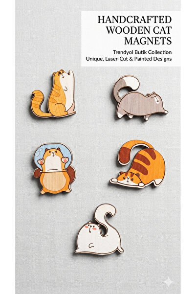şekergümüş 5'li Set Kedi Ahşap Magnet - Oyuncu Kedi Figürlü Dekoratif Buzdola...