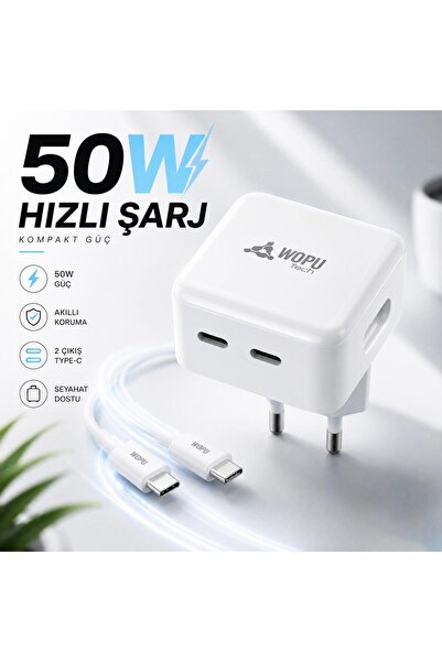 Powerfox with Wopu 50W Süper Hızlı Şarj Adaptörü Çift Type-C PD Destekli Lapt...