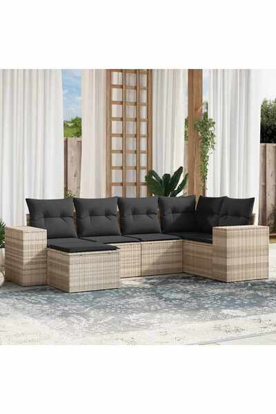 vidaxl Garden sofa set with cushions, 6 pieces, light grey, polyrattan