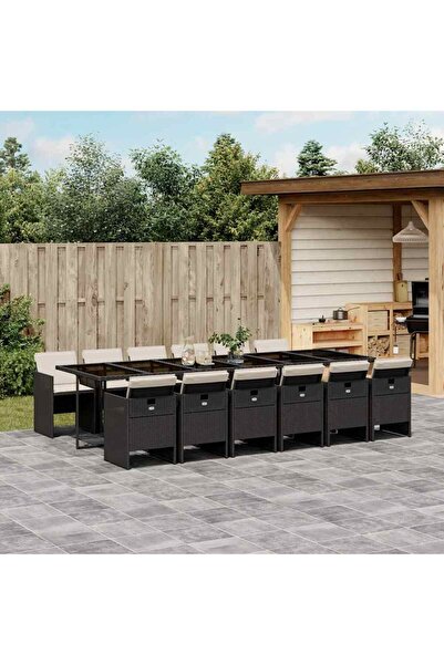 vidaxl Garden furniture set with cushions, 13 pieces, black, polyrattan