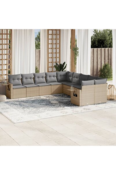 vidaxl Garden sofa set with cushions, 10 pieces, beige, polyrattan