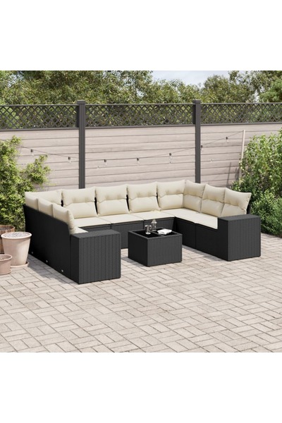 vidaxl Garden sofa set with cushions, 10 pieces, black, polyrattan