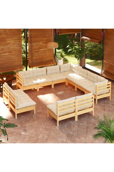 vidaxl Set mobilier gradina cu perne crem, 11 piese, lemn masiv de pin