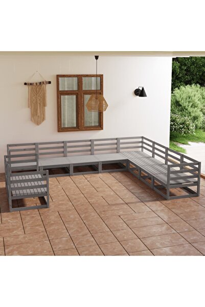 vidaxl Set mobilier de gradina, 10 piese, gri, lemn masiv de pin