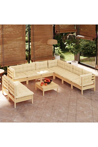 vidaxl Set mobilier gradina cu perne crem, 10 piese, lemn masiv de pin