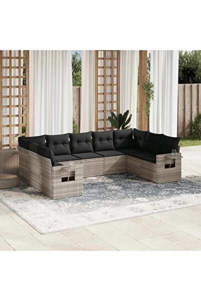 vidaxl Garden sofa set with cushions, 9 pieces, light grey, polyrattan