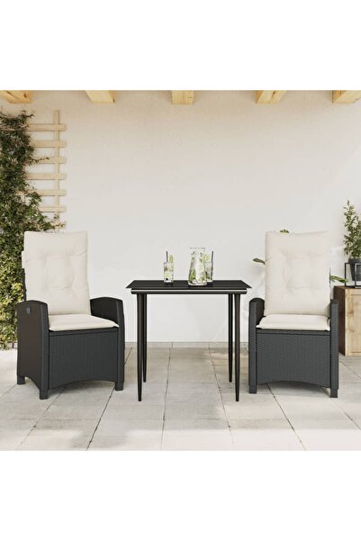 vidaxl Set mobilier de gradina cu perne, 3 piese, negru, poliratan