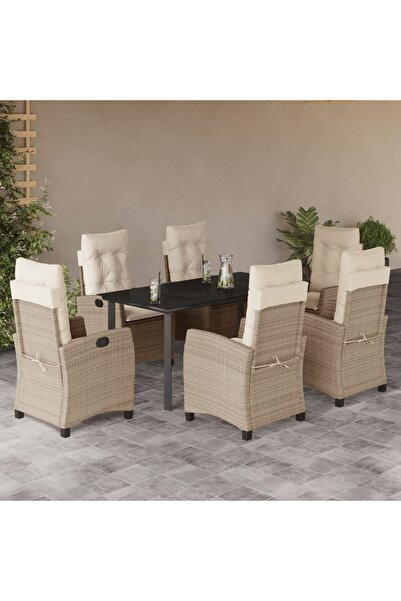 vidaxl 7-piece garden table set with cushions, beige, polyrattan