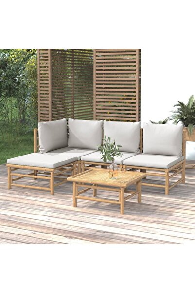 vidaxl Set mobilier de gradina cu perne gri deschis, 5 piese, bambus