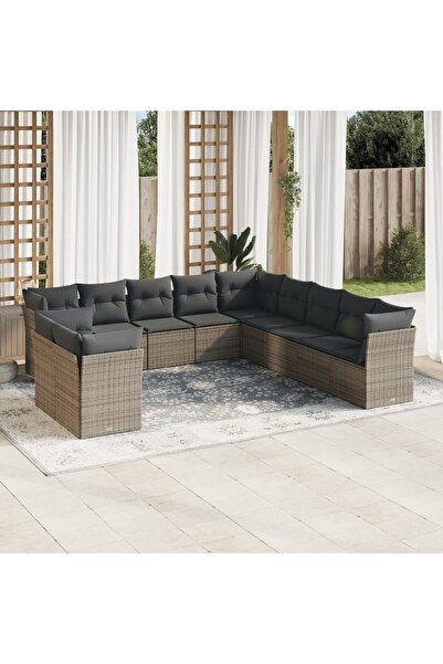 vidaxl Garden sofa set with cushions, 11 pieces, grey, polyrattan