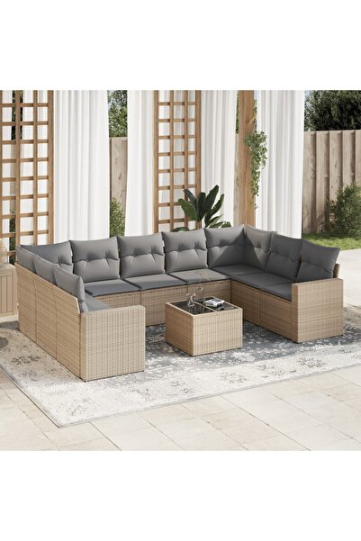 vidaxl Garden sofa set with cushions, 10 pieces, beige, polyrattan