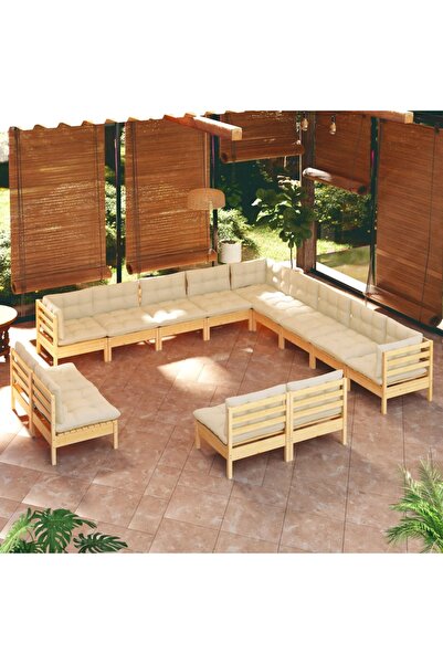vidaxl Set mobilier gradina cu perne crem, 13 piese, lemn masiv de pin
