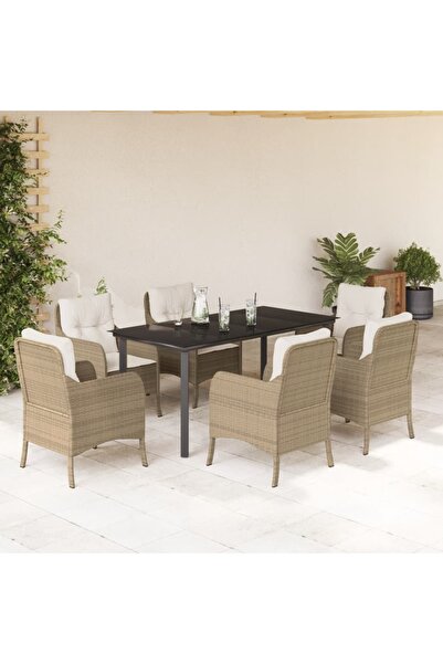 vidaxl 7-piece garden table set with cushions, beige, polyrattan