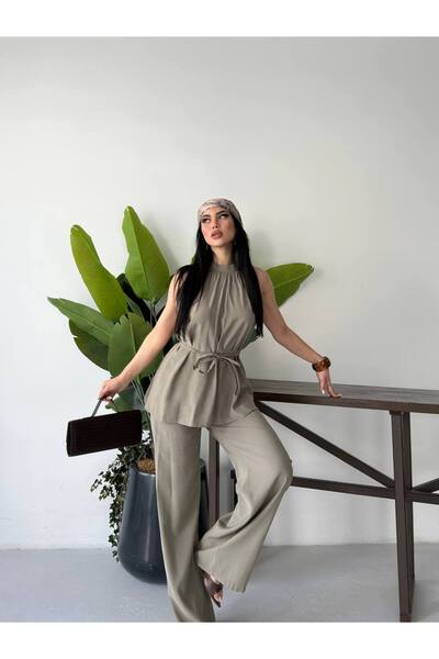 ZF BUTİK Women's Judge Collar Tie-Back Double Suit Set Khaki