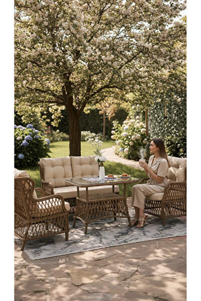 BALCO HOME Mini Leylak 2+1+1+ 60x90 Masa Alüminyum Rattan Balkon Takımı