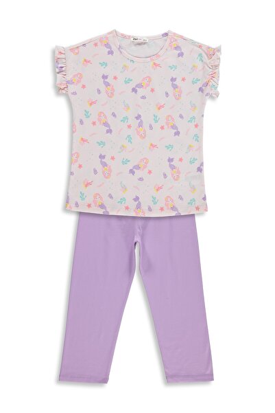 Civil Girls Mermaid Patterned Pajama Set for 6-9 Years - Pale Pink-Lilac