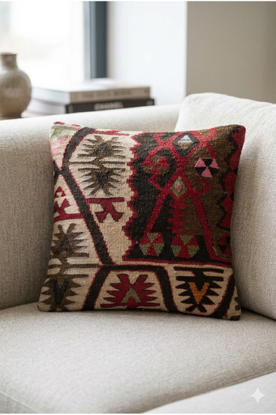 KIRLENT TEKSTİL Etnik Kilim Desenli El Dokuma Dekoratif Kırlent Kılıfı - 40x40 cm